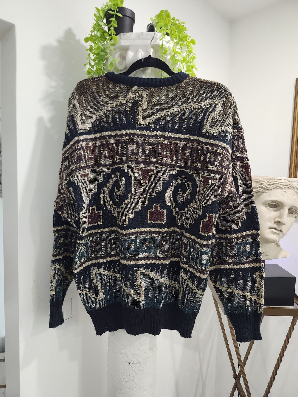 Men's Crewneck Geometric Knit Sweater in Navy, Cream & Burgundy - Picture 2 of 3